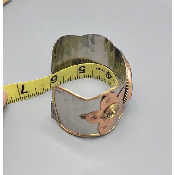 Mixed Metal Copper Flower Blue Lapiz Lazuli Cuff Bracelet B1A - Picture 3 of 9